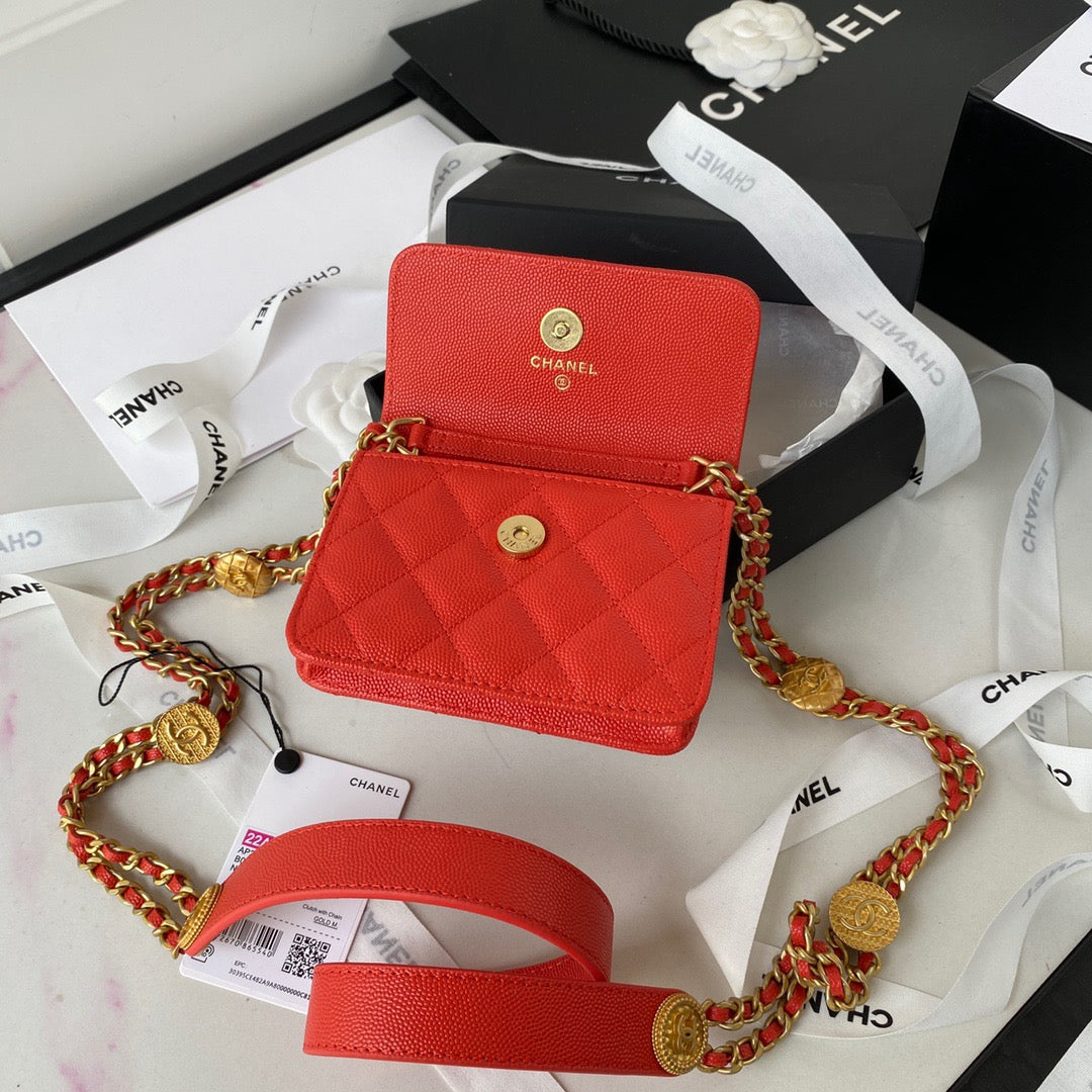 CHL -  Clutch With Chain Gold Hardware Grained Shinny Red For Women Handbags, Shoulder Bags 4.7in/12LO AP2857