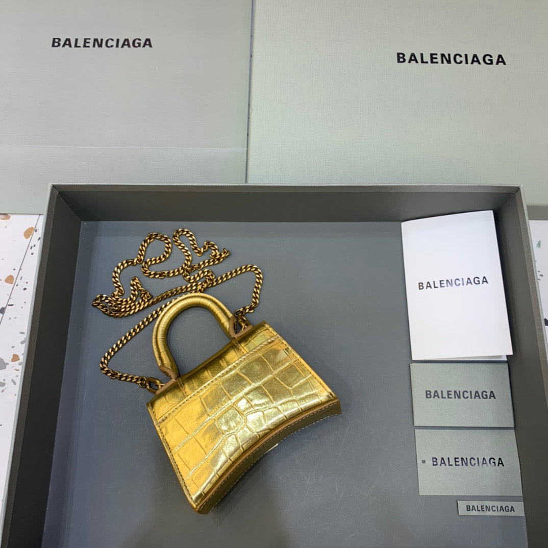 BLN-Ciaga Hourglass Mini Handbag With Chain In Gold, For Women,  Bags 4.7in/12LO 6646761S49M8005