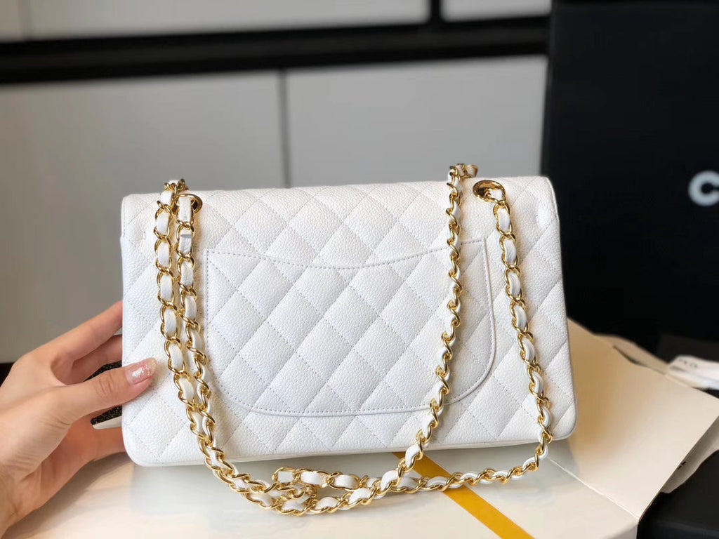 CHL -  Classic Medium Flapbag Golden Hardware White 10in/25.5LO