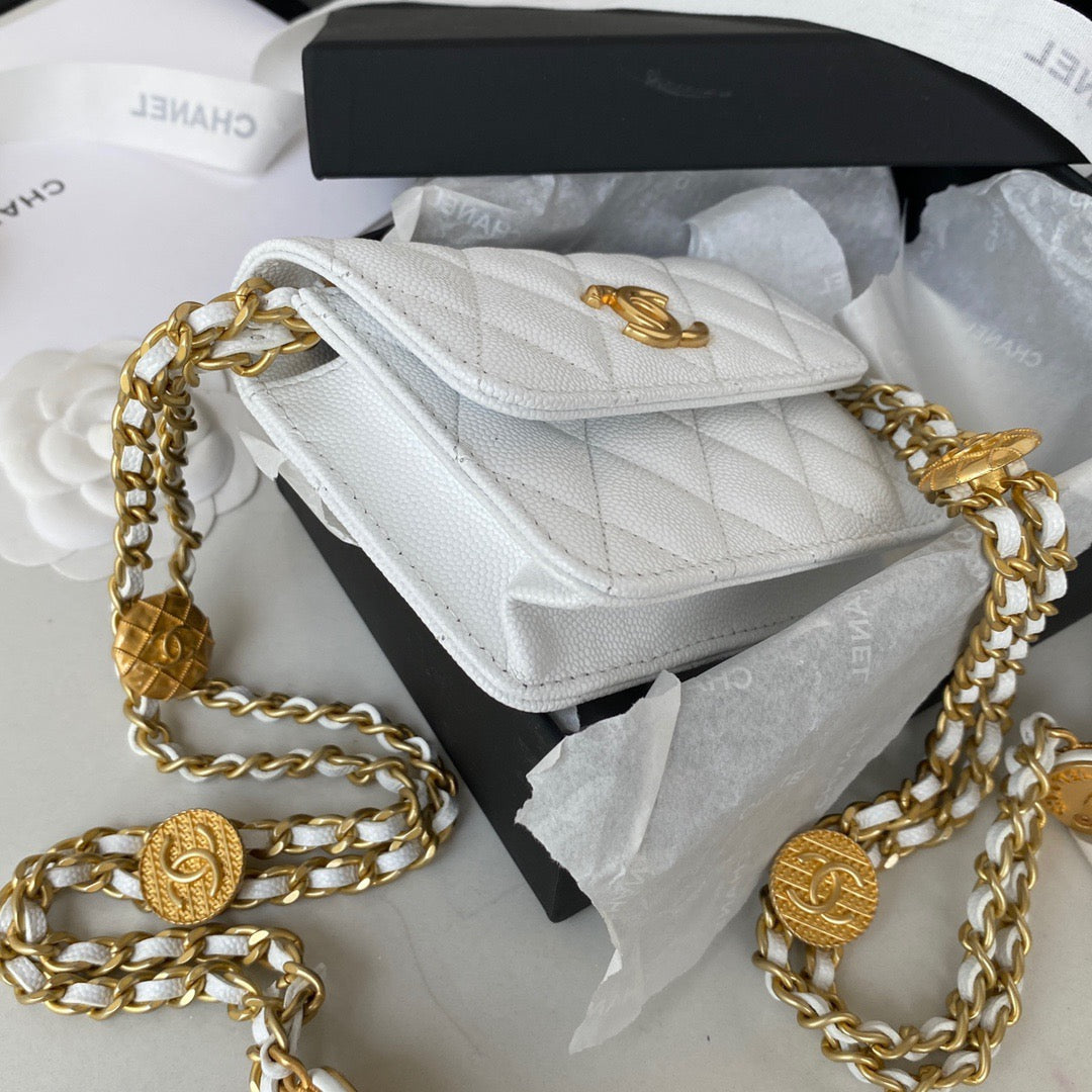 CHL -  Clutch With Chain Gold Hardware Grained Shinny White For Women Handbags, Shoulder Bags 4.7in/12LO AP2857