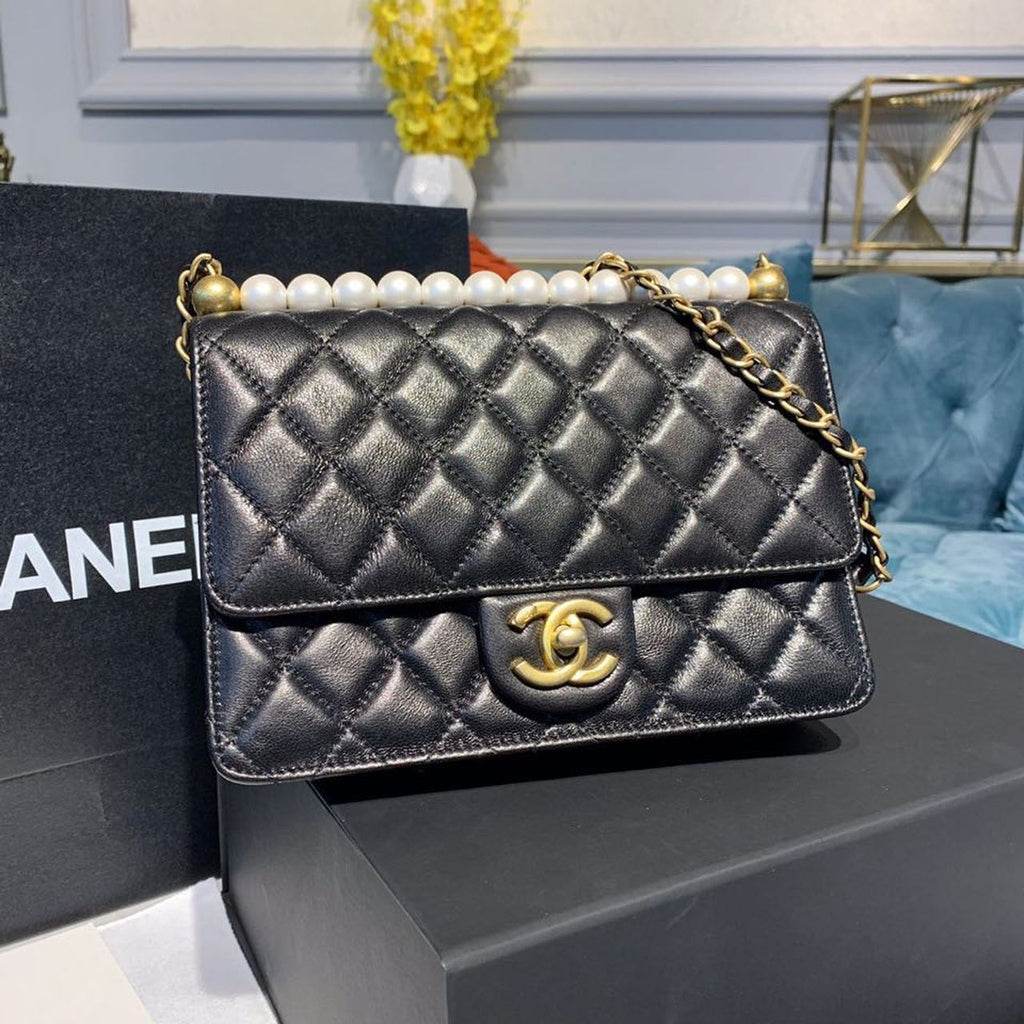 CHL - Short Pearl Handle Bag Gold Toned Hardware Black For Women Handbags, Shoulder And Crossbody Bags 8.2in/21LO AS0585