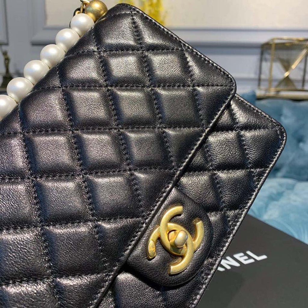 CHL - Short Pearl Handle Bag Gold Toned Hardware Black For Women Handbags, Shoulder And Crossbody Bags 8.2in/21LO AS0585