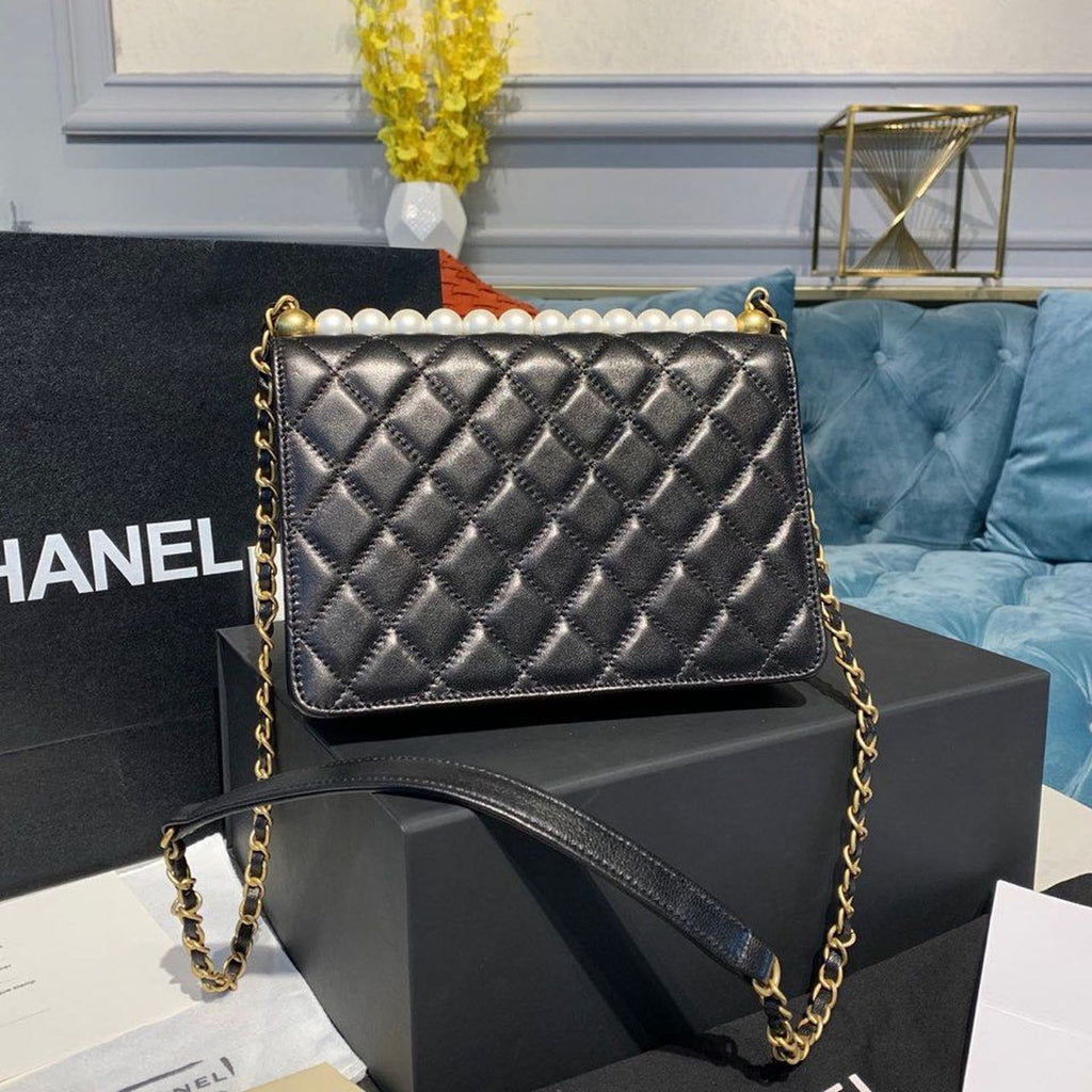 CHL - Short Pearl Handle Bag Gold Toned Hardware Black For Women Handbags, Shoulder And Crossbody Bags 8.2in/21LO AS0585