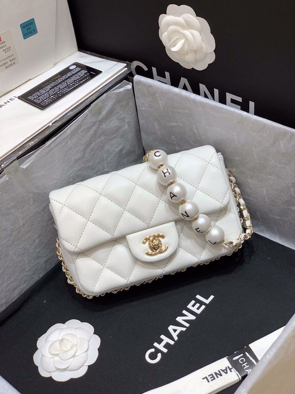 CHL - Small Pearl Logo Strap Flap Bag White For Women Handbags, Shoulder And Crossbody Bags 7in/18LO AS1436