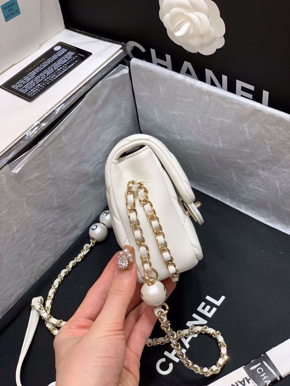 CHL - Small Pearl Logo Strap Flap Bag White For Women Handbags, Shoulder And Crossbody Bags 7in/18LO AS1436