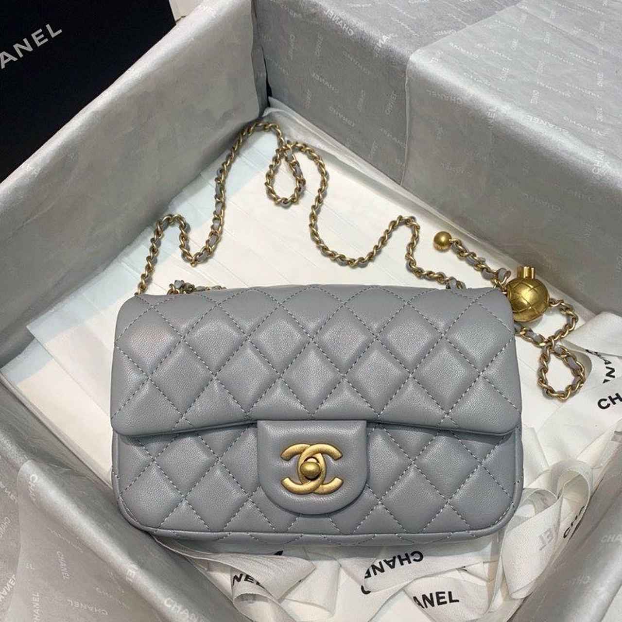 CHL - Flap Bag With CHL - Ball On Strap Grey For Women Handbags, Shoulder And Crossbody Bags 7.8in/20LO AS1787
