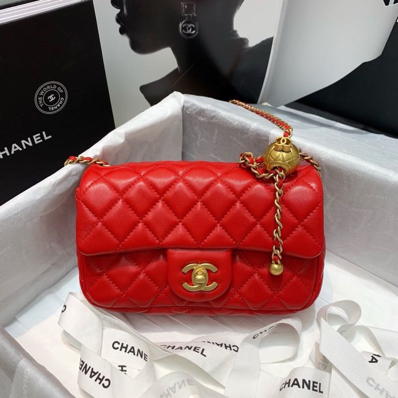 CHL - Flap Bag With CHL - Ball On Strap Red For Women Handbags, Shoulder And Crossbody Bags 7.8in/20LO AS1787