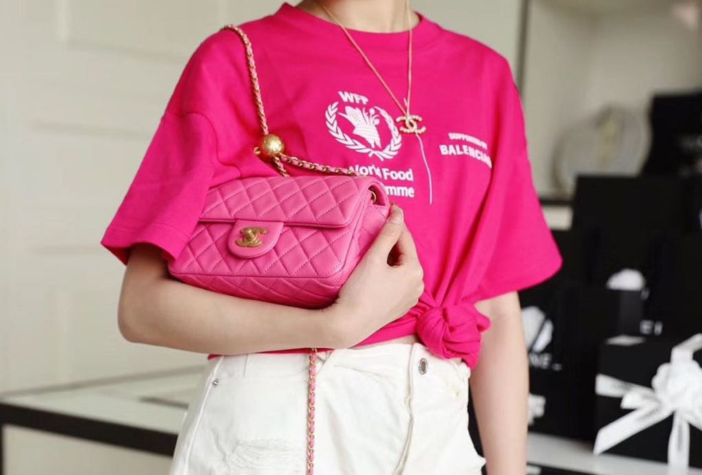 CHL -  Classic Flap With Charm Chain With CHL -  Ball On Strap Bag 20LO Gold Toned Hardware Lambskin Leather Spring/SuMM - er Collection, Pink