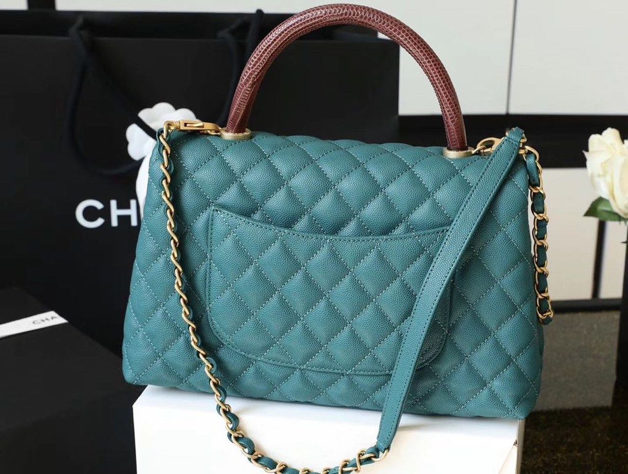 CHL - Large Flap Bag With Top Handle Teal For Women, Women’s Handbags, Shoulder And Crossbody Bags 11in/28LO A92991