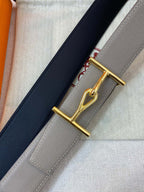 H JUMBO BELT 40MM GOLD BUCKLE DARK BLUE GREY LEATHER