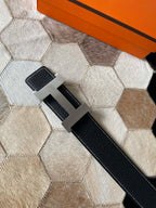 H CONTANCE BELT 38MM SILVER BUCKLE BLACK LEATHER
