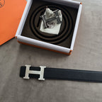 H CONTANCE BELT 38MM SILVER BUCKLE DARK BLUE LEATHER