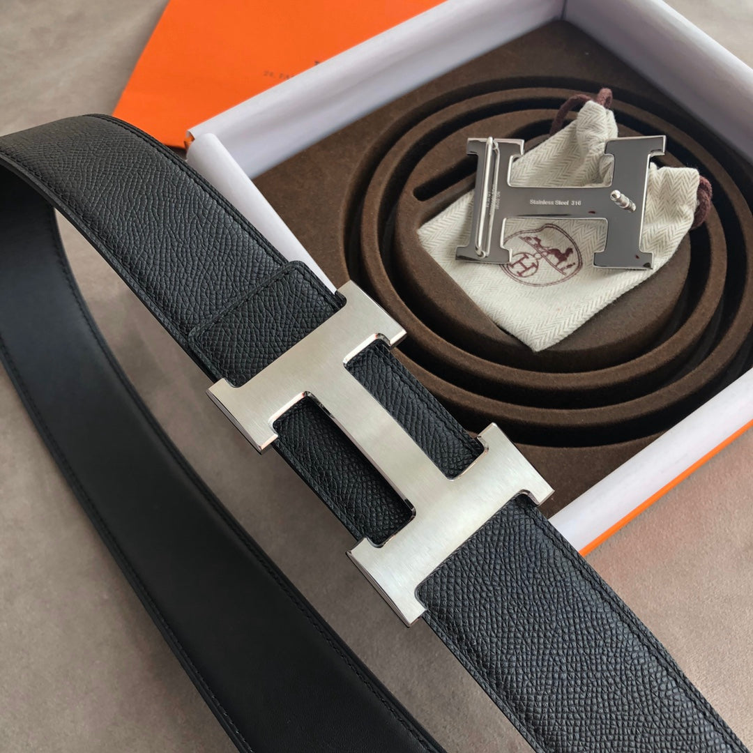 H CONTANCE BELT 38MM SILVER BUCKLE DARK BLUE LEATHER