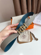 H ULYSSE BELT 38MM GOLD BUCKLE BLUE GREY LEATHER