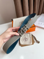 H ULYSSE BELT 38MM SILVER BUCKLE BLUE GREY LEATHER