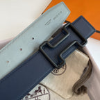 H TONIGHT BELT 38MM BLACK BUCKLE DARK BLUE GREY LEATHER