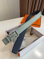 H TONIGHT BELT 38MM SILVER BUCKLE DARK BLUE GREY LEATHER