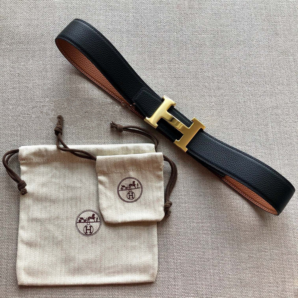 H CONTANCE BELT 38MM GOLD BUCKLE BROWN BLACK LEATHER