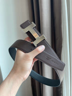 H CONSTANCE BELT 38MM SILVER BUCKLE BLACK CHOCOLATE LEATHER