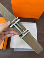 DOUBLE H BELT 32MM SILVER BUCKLE BLACK ETOUPE LEATHER