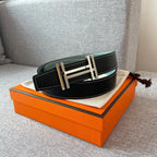 DOUBLE H REVERSIBLE BELT 32MM SILVER BUCKLE BLACK SKY BLUE LEATHER