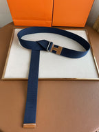 4.0CM BLUE TEXTILE  BROWN LEATHER H BELT