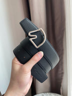 H BELT HORSE BUCKLE BLACK LEATHER REVERSIBLE  3.8CM