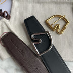 H BELT HORSE BUCKLE DARK BROWN BLACK LEATHER REVERSIBLE  3.8CM
