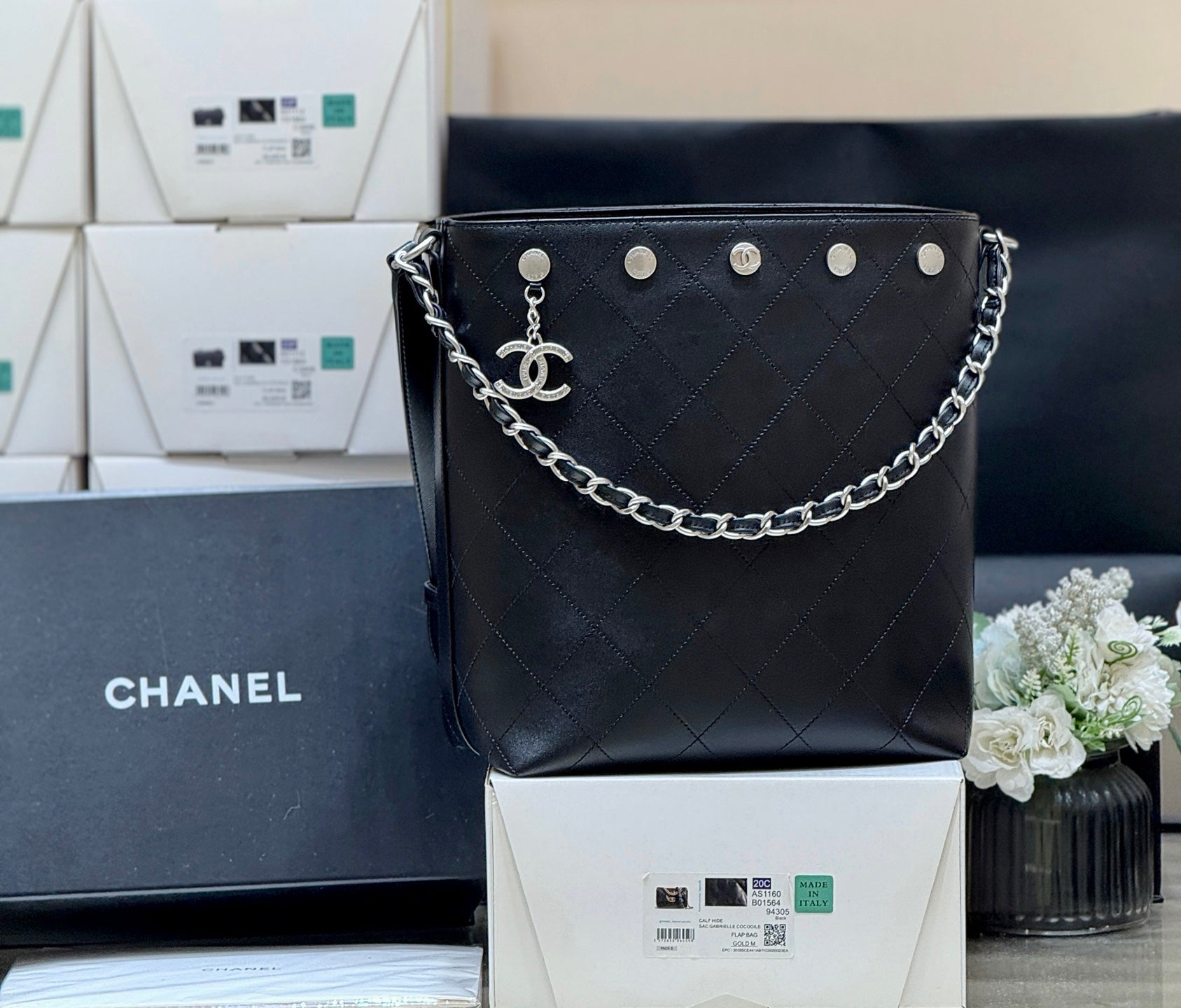 CC 25P Rivet Bucket Bag Silver Hardware in Black Polished Lambskin
