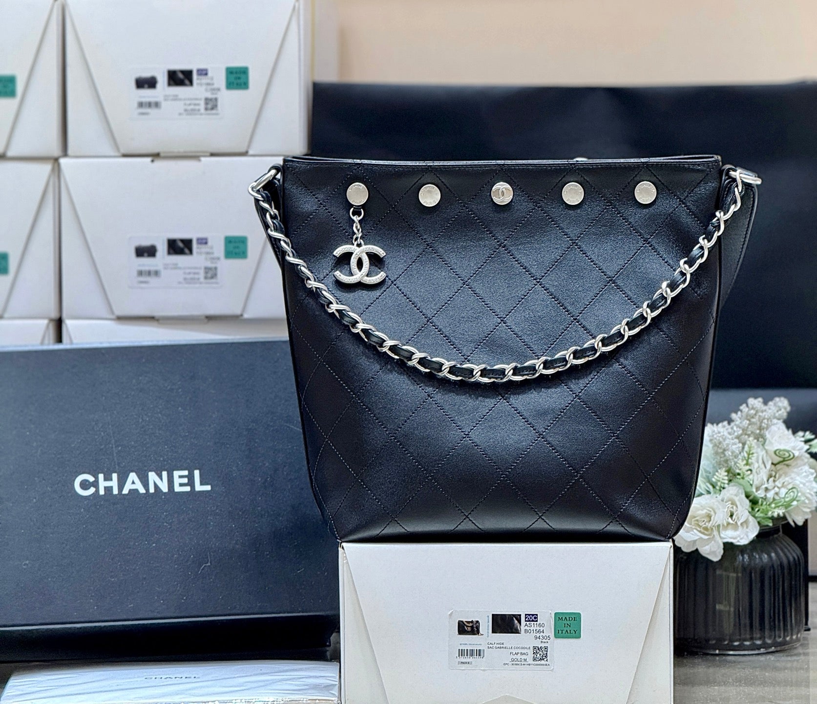 CC 25P Rivet Bucket Bag Silver Hardware in Black Polished Lambskin