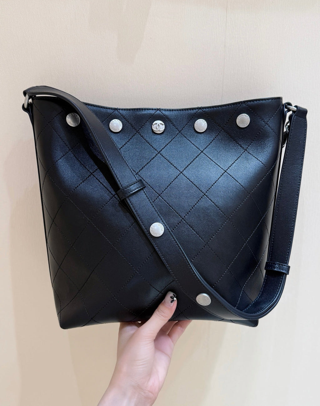 CC 25P Rivet Bucket Bag Silver Hardware in Black Polished Lambskin