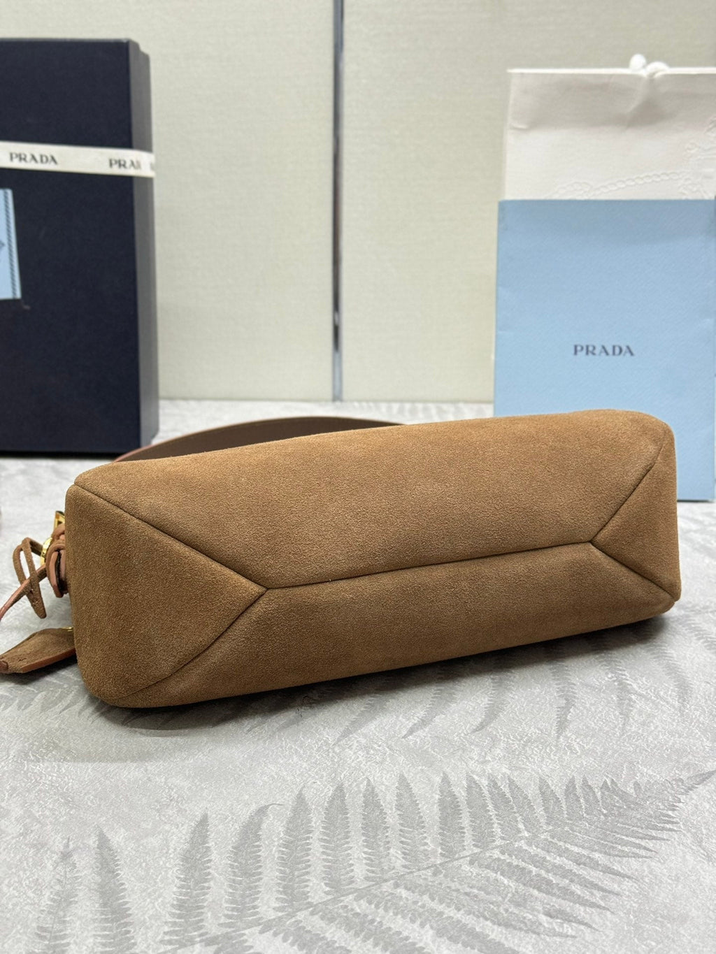 Pra 1BC229 Aimee Underarm Hobo Bag 31cm Brown Suede 267539