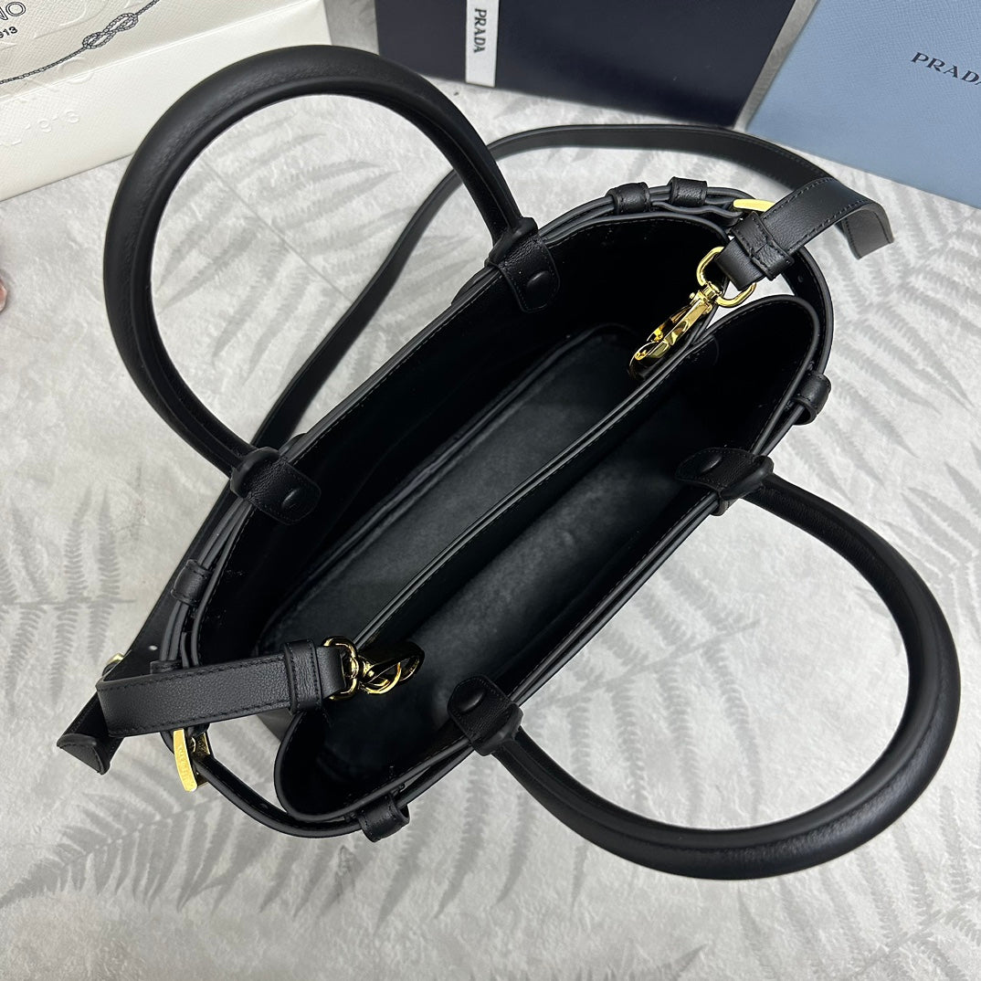 Pra 1BA418 Small Shopping Double Bag 28cm Black Cowhide 267523