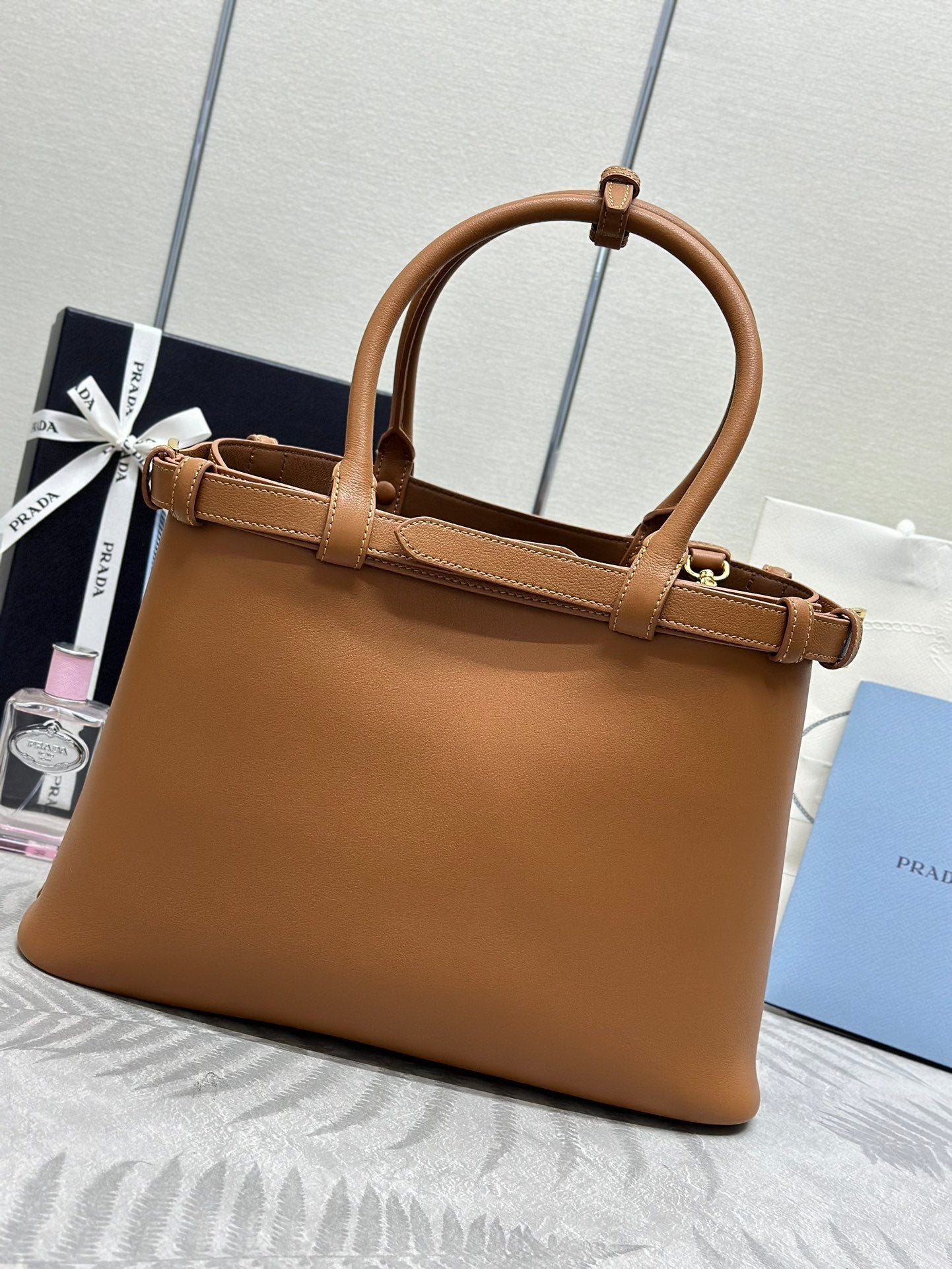 Pra 1BA417 Large Handbag 35cm Brown Calfskin 267494