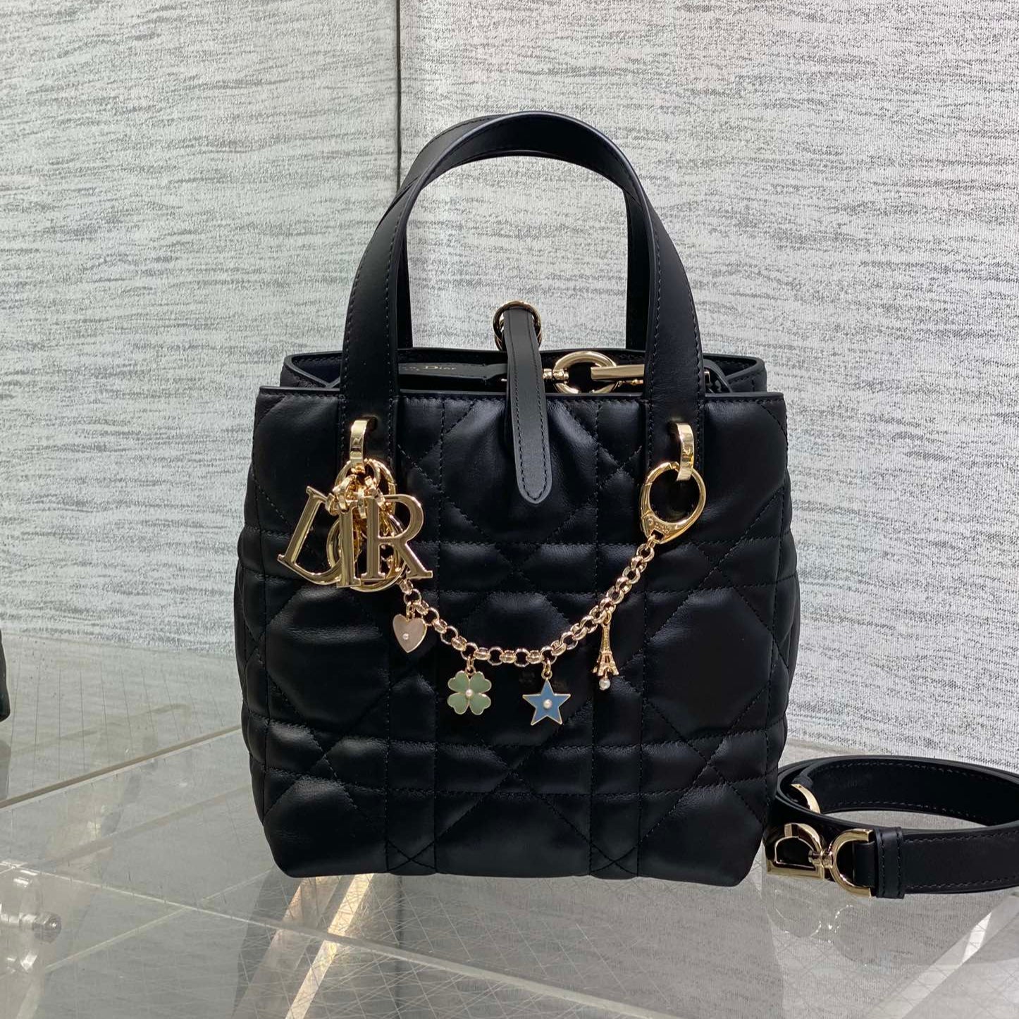 CD Toujours Vertical Small Built-In Lucky Charm Chain 18cm Black Lambskin