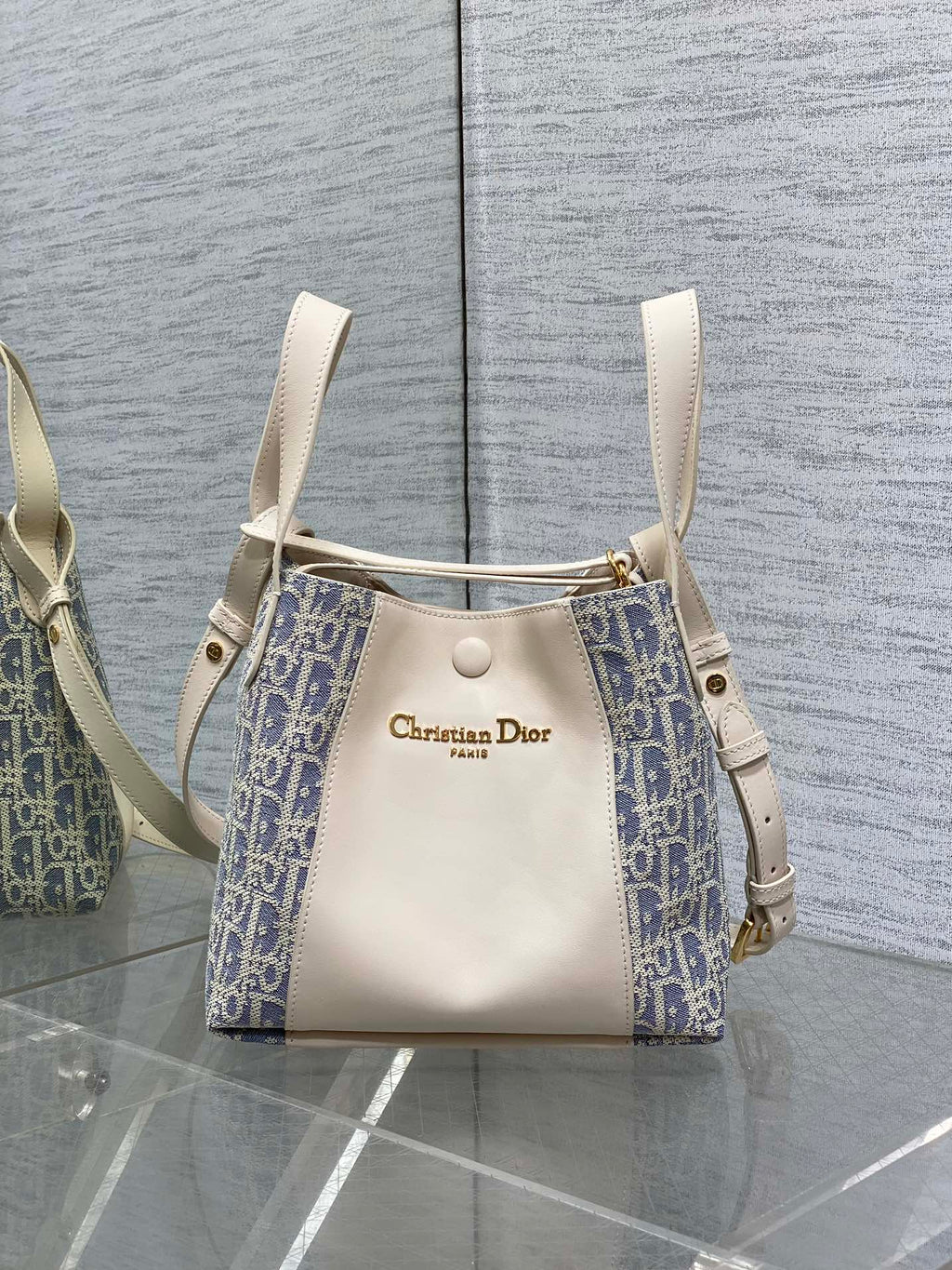 CD bucket bag 21cm  natural canvas with creamy white calfskin