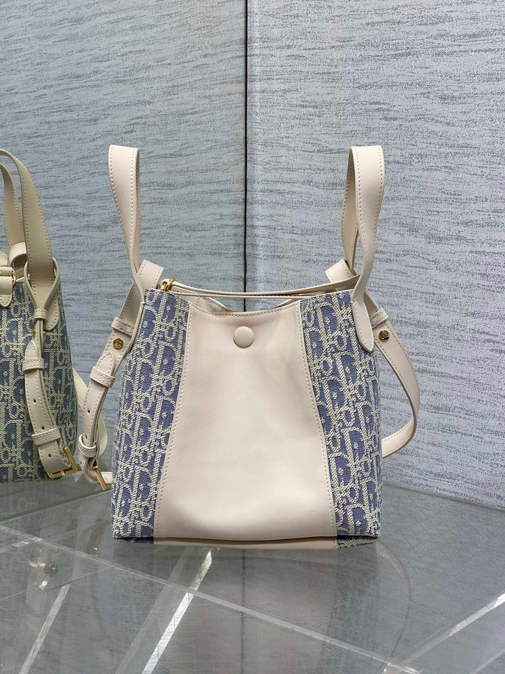 CD bucket bag 21cm  natural canvas with creamy white calfskin