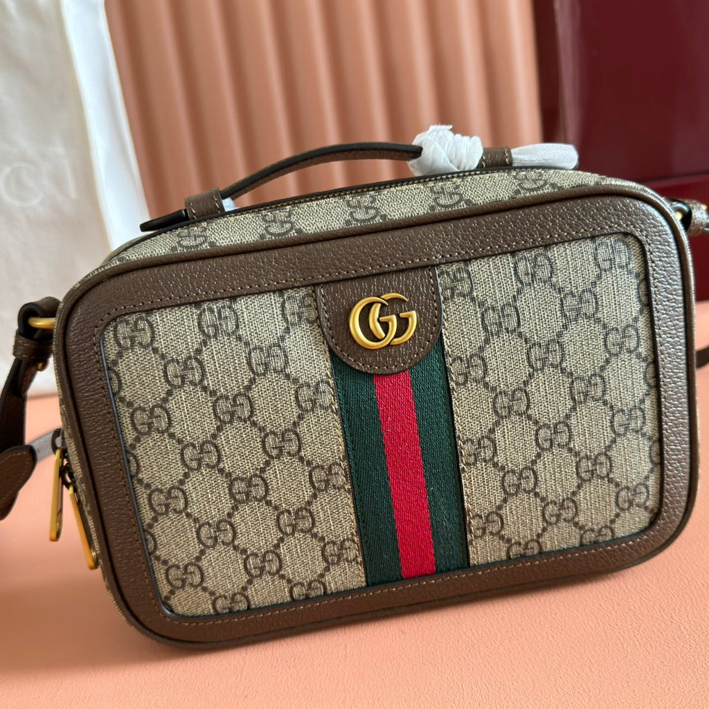 GG Ophidia Small Shoulder Bag 24cm Grey and Brown GG Supreme Canvas