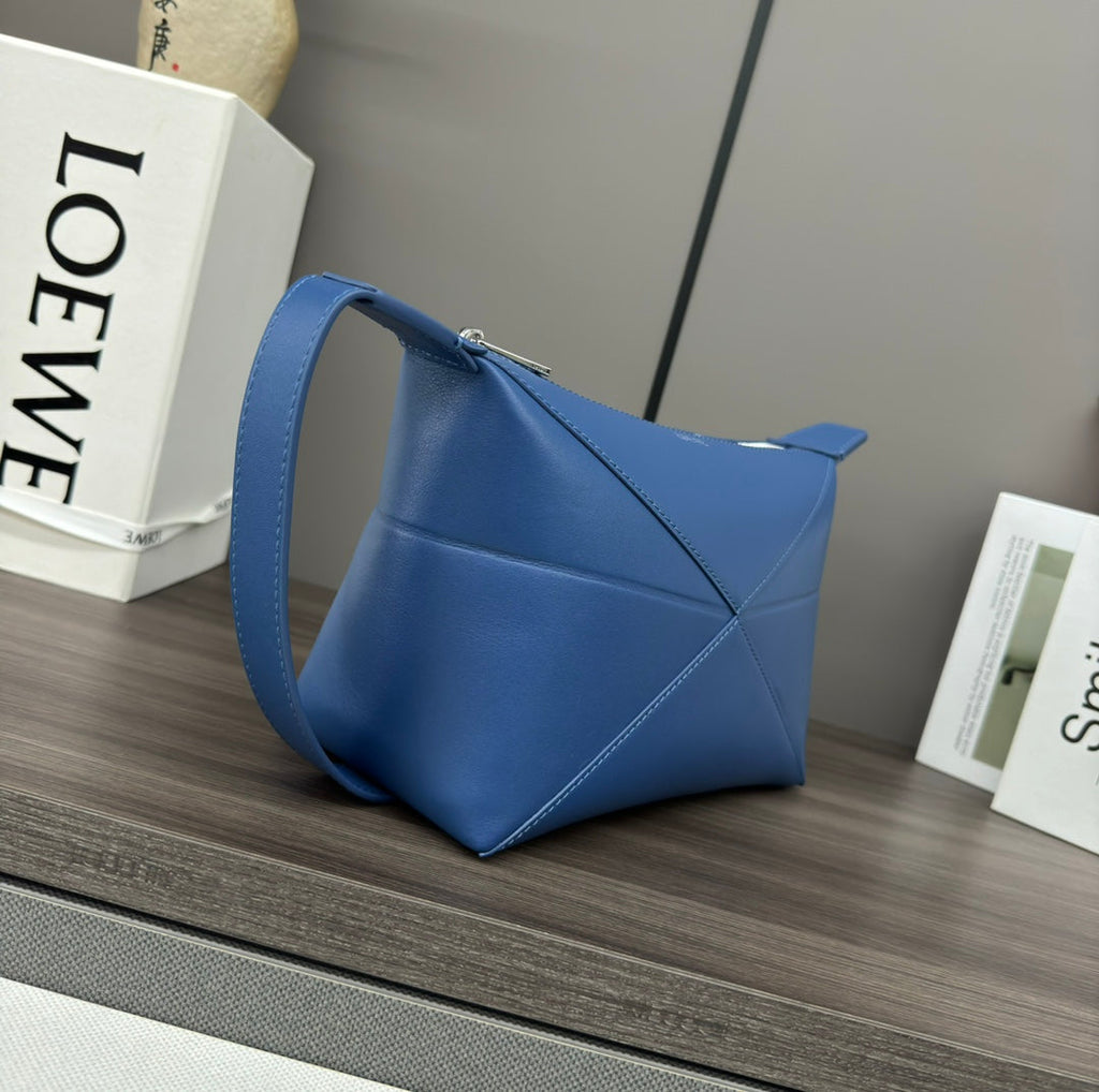 Loewe Puzzle Fold 22cm Handbag in Blue Glossy Calfskin 274150