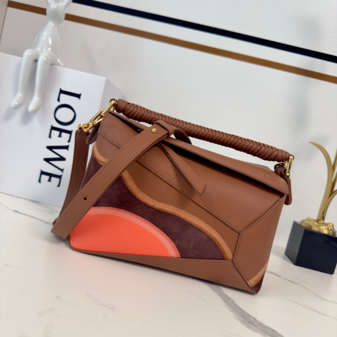 Loewe Puzzle Handbag 24 in Pecan/Parrot Pink Suede 274171