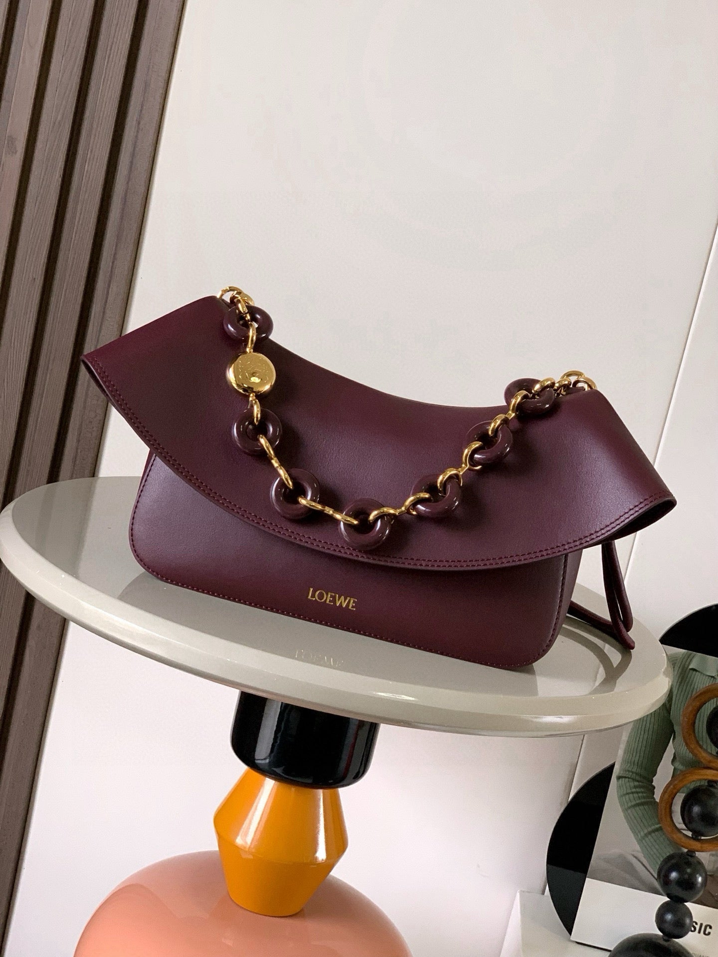 Loewe Ola Handbag Medium 26cm in Burgundy Silver Calfskin  274222