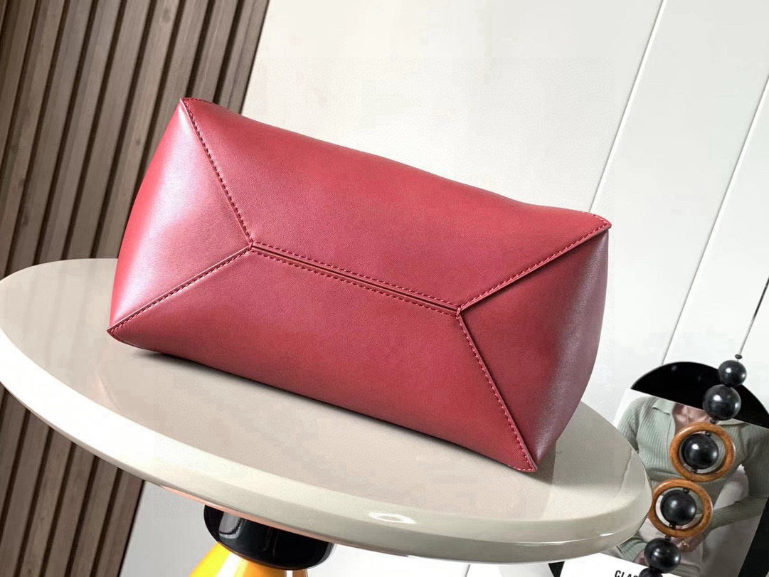 LOE 31 Medium Puzzle Fold Tote In Burgundy Mix Chocolate Glossy Cowhide 274321