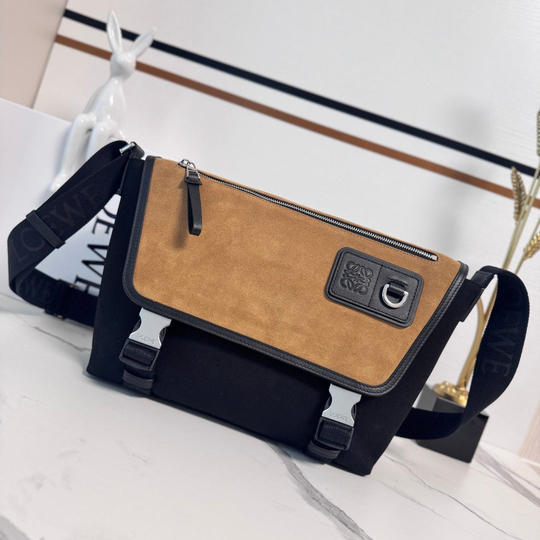 Loewe Medium Flex bag in Black mix Brown Suede/Canvas 274484