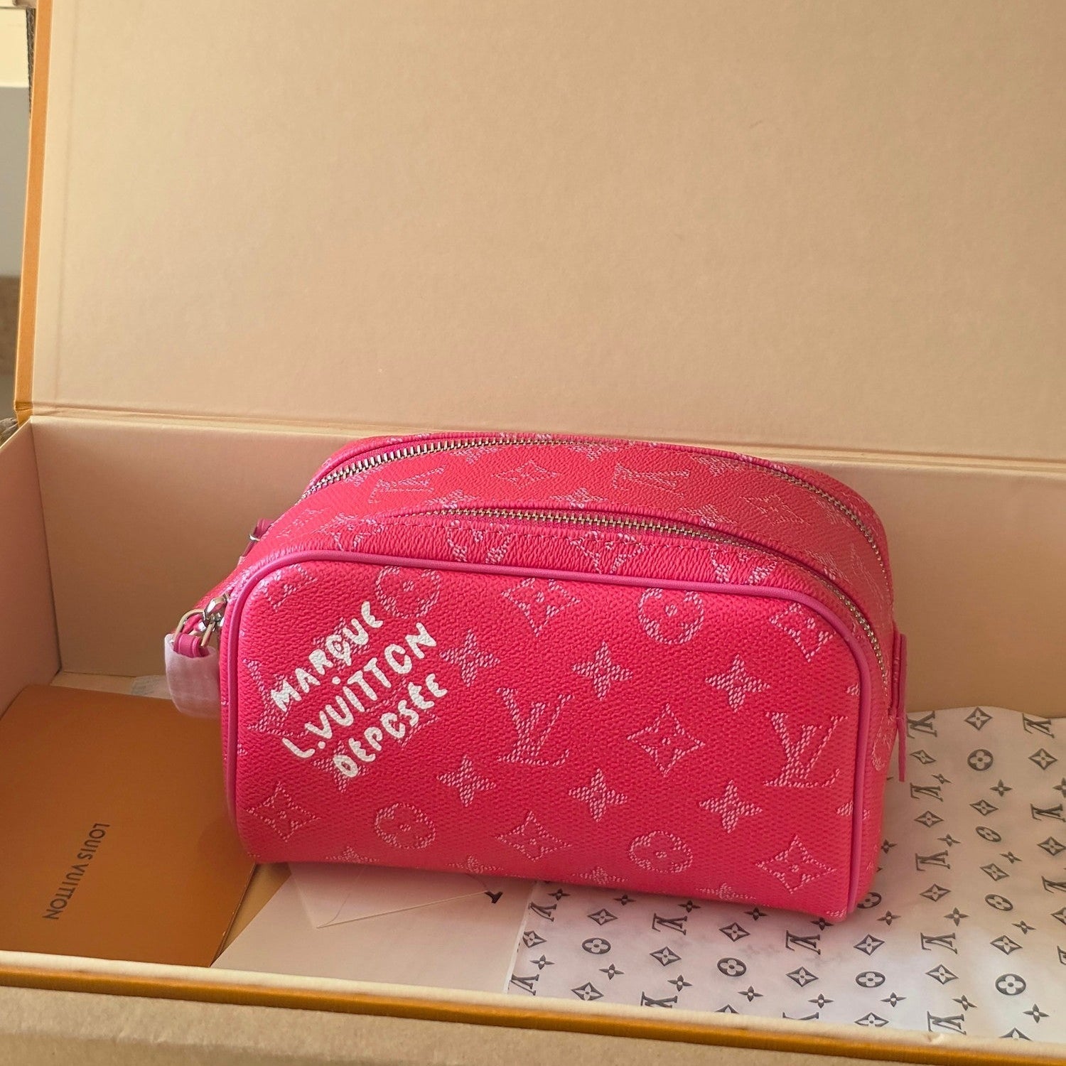 LV Dopp Kit Toilet Pouch Rose Red Monogram Canvas 274858