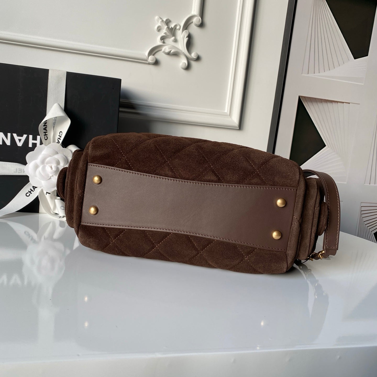 Chanel 25K Bowling 23.5 Brown Bag Suede 275906