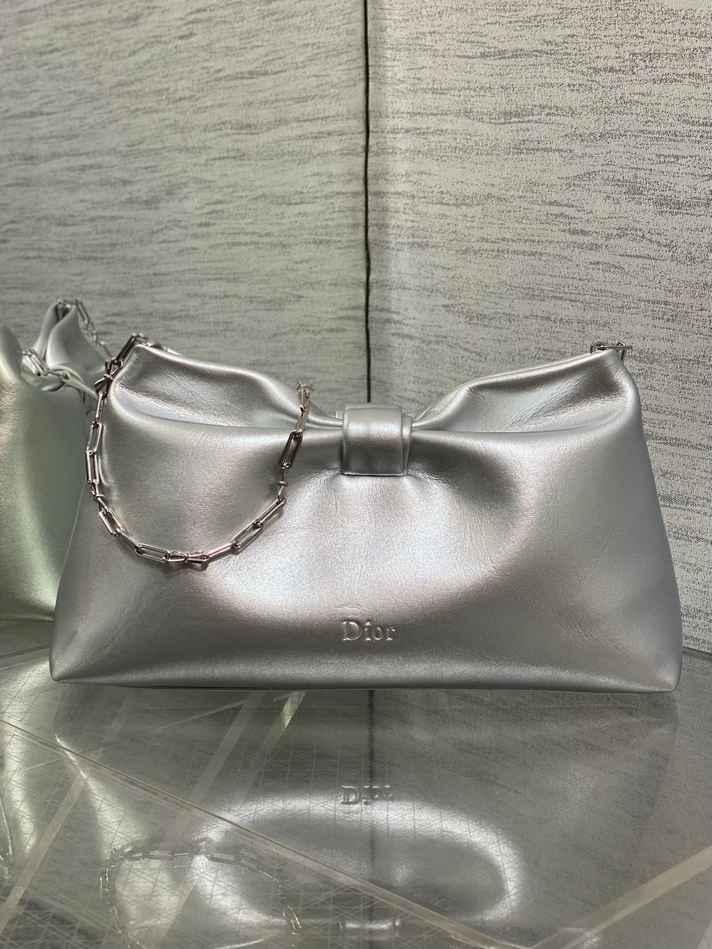 Dior 26 Bow Chain Bag in Silver Lambskin
