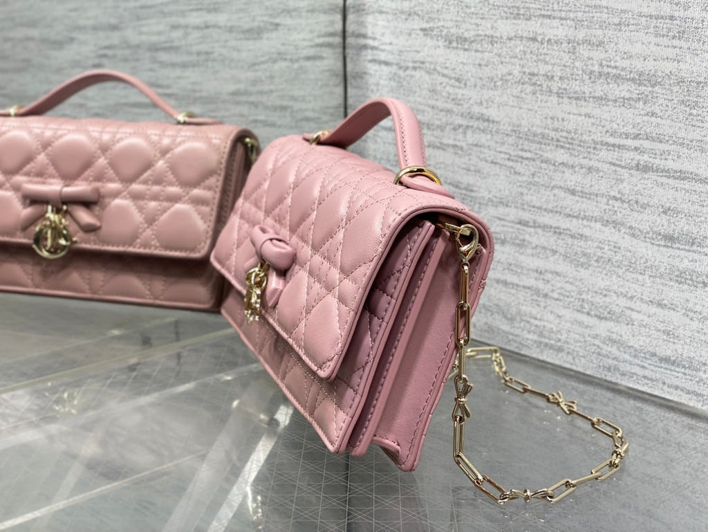 Dior 26 Bow Pearl Chain Clutch Powder Pink Lambskin GHW