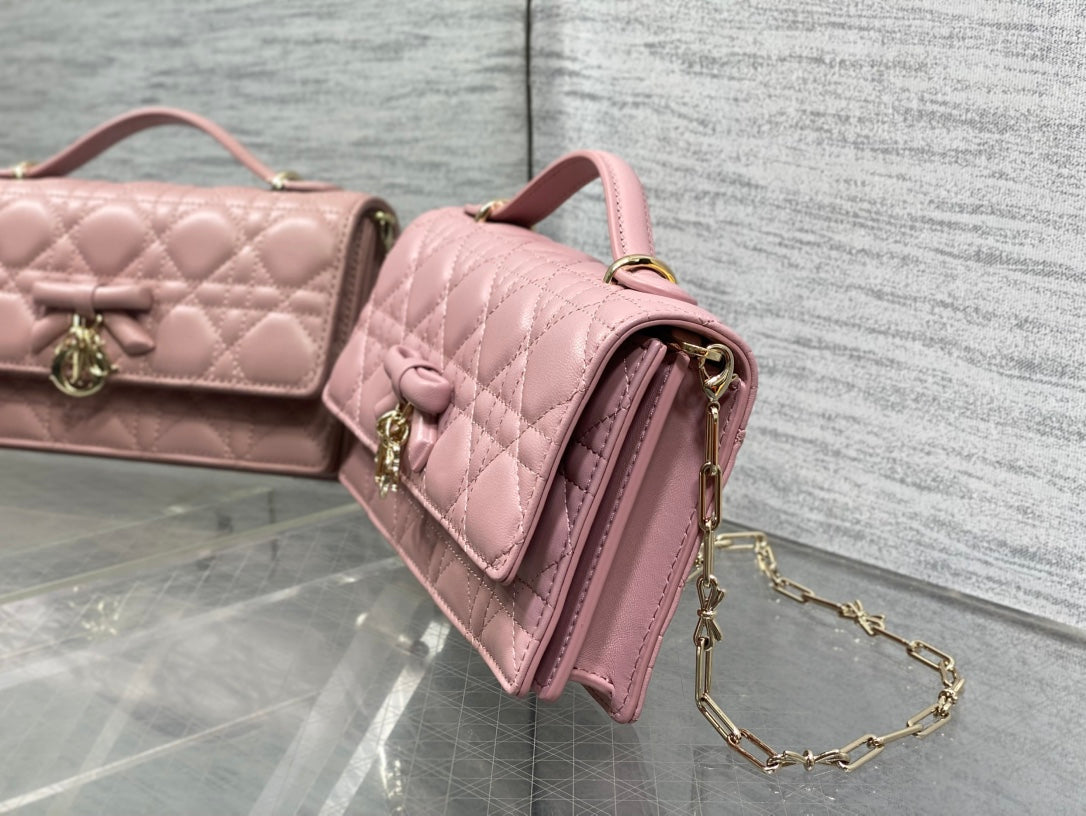 Dior 26 Bow Pearl Chain Clutch Powder Pink Lambskin GHW