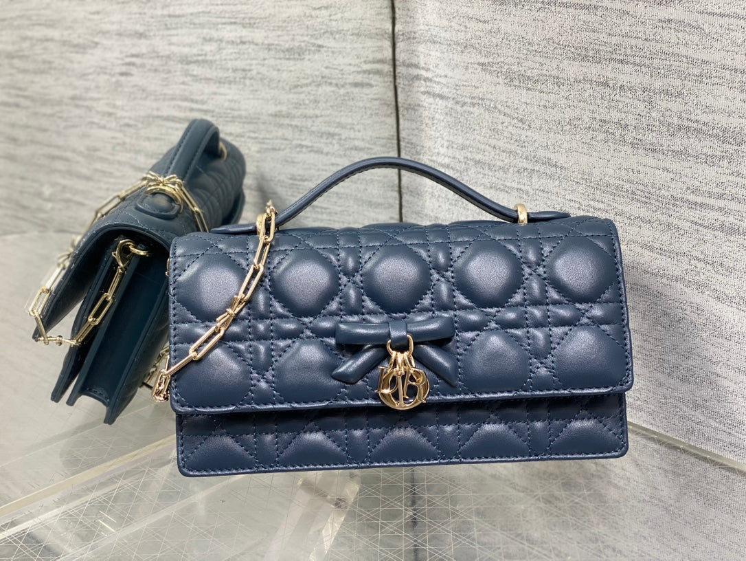 Dior 26 Bow Pearl Chain Clutch Navy Blue Lambskin GHW