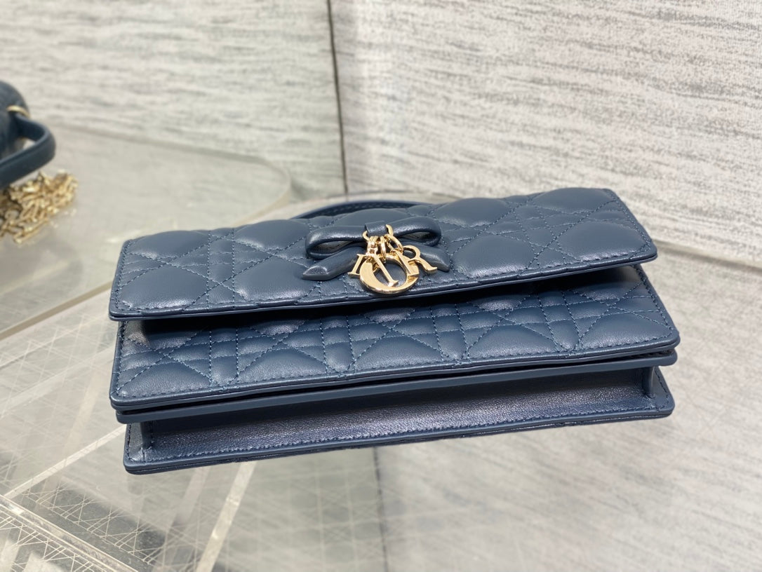Dior 26 Bow Pearl Chain Clutch Navy Blue Lambskin GHW